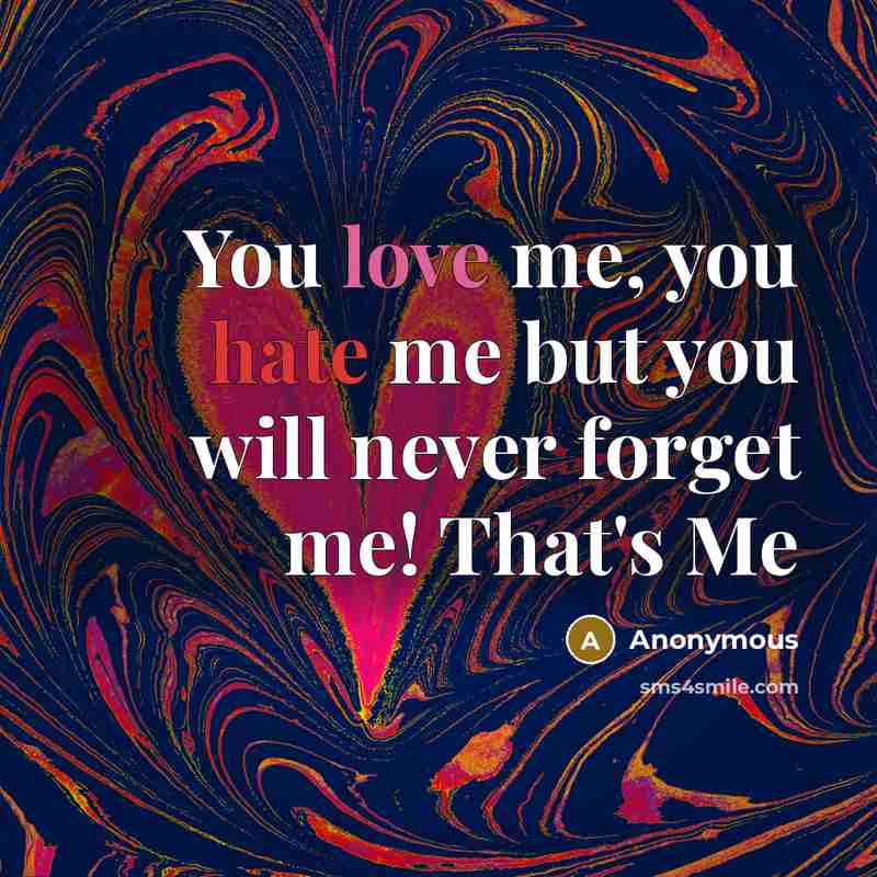 “You love me, you hate me but you will never forget me! That's Me” quote by Anonymous