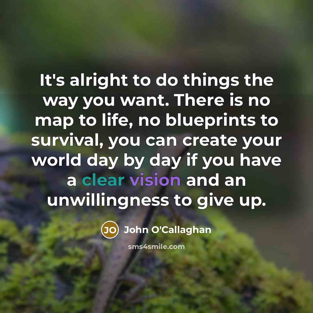 “It's alright to do things the way you want. There is no map to life, no blueprints to survival, you can create your world day by day if you have a clear vision and an unwillingness to give up.” quote by John O'Callaghan