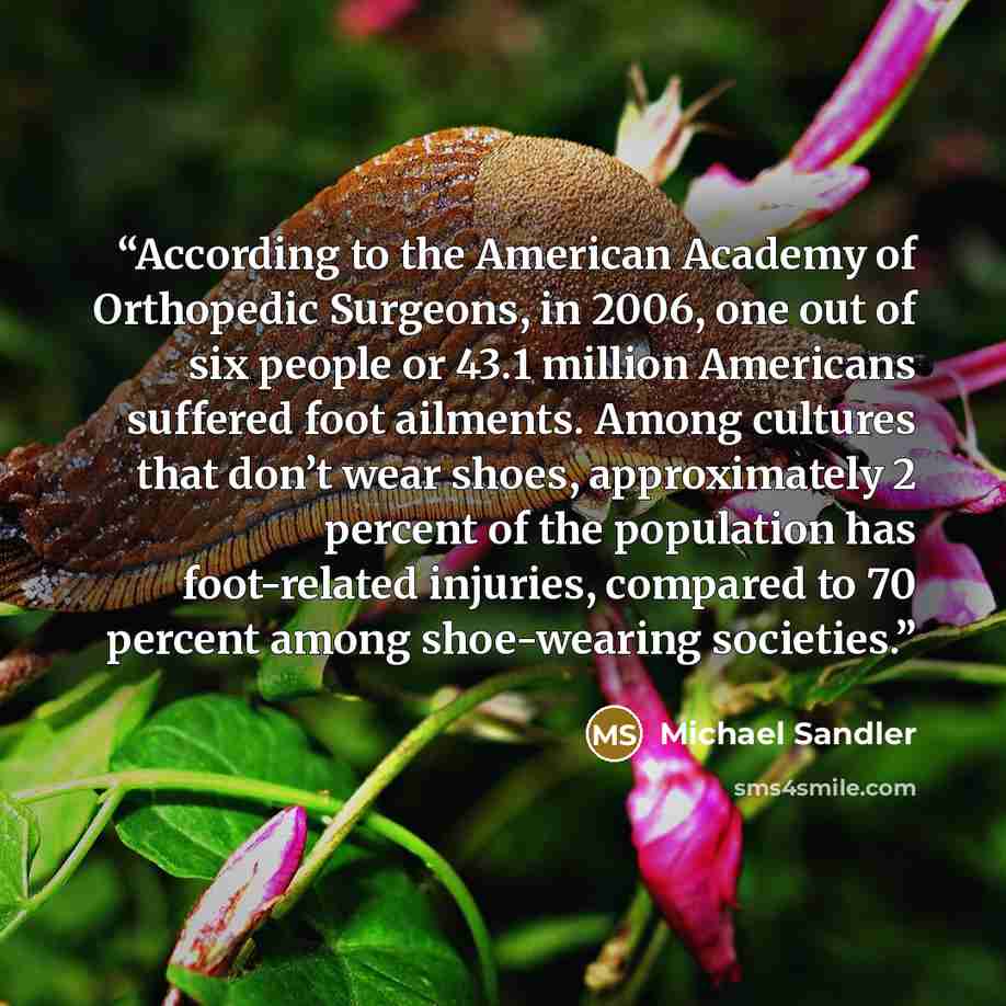 “According to the American Academy of Orthopedic Surgeons, in 2006, one out of six people or 43.1 million Americans suffered foot ailments. Among cultures that don’t wear shoes, approximately 2 percent of the population has foot-related injuries, compared to 70 percent among shoe-wearing societies.” quote by Michael Sandler