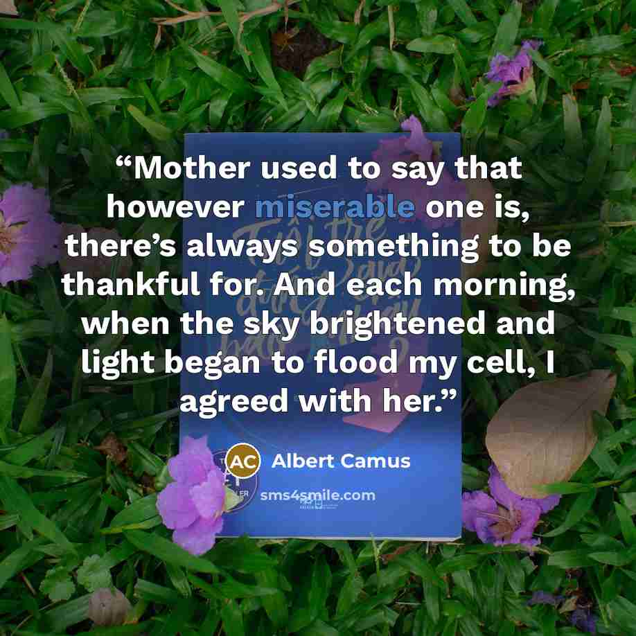 “Mother used to say that however miserable one is, there’s always something to be thankful for. And each morning, when the sky brightened and light began to flood my cell, I agreed with her.” quote by Albert Camus