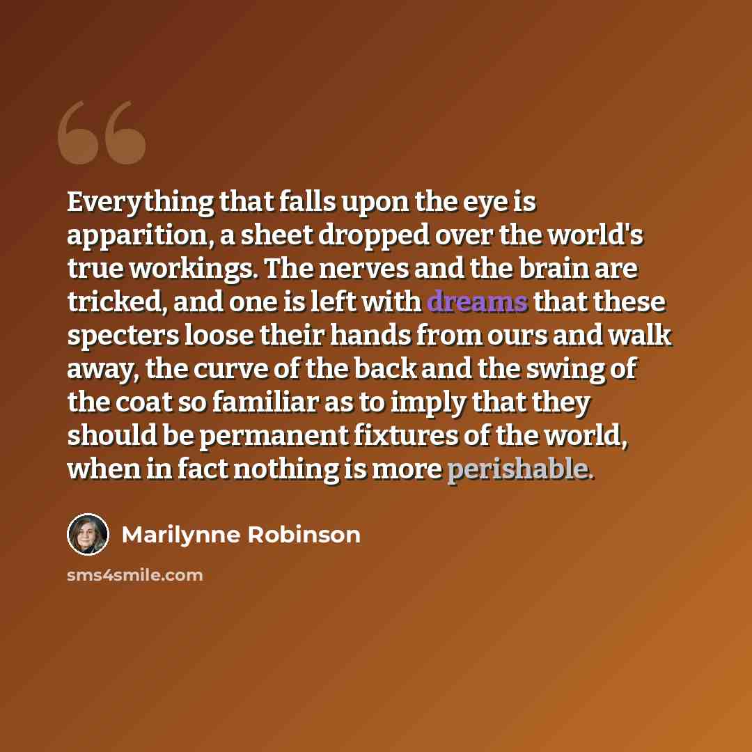 “Everything that falls upon the eye is apparition, a sheet dropped over the world's true workings. The nerves and the brain are tricked, and one is left with dreams that these specters loose their hands from ours and walk away, the curve of the back and the swing of the coat so familiar as to imply…” quote by Marilynne Robinson