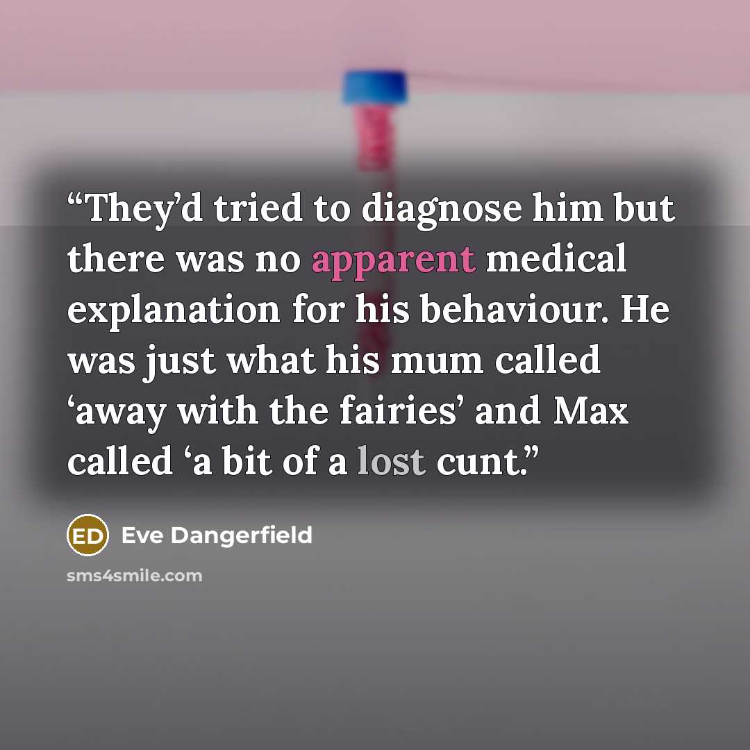 “They’d tried to diagnose him but there was no apparent medical explanation for his behaviour. He was just what his mum called ‘away with the fairies’ and Max called ‘a bit of a lost cunt.” quote by Eve Dangerfield