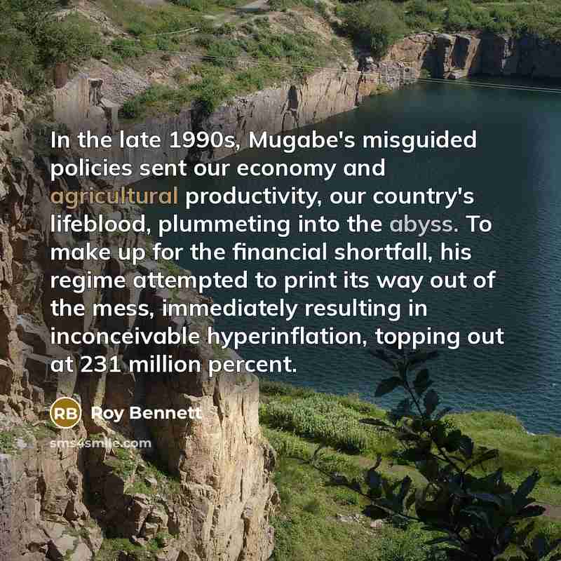 “In the late 1990s, Mugabe's misguided policies sent our economy and agricultural productivity, our country's lifeblood, plummeting into the abyss. To make up for the financial shortfall, his regime attempted to print its way out of the mess, immediately resulting in inconceivable hyperinflation…” quote by Roy Bennett