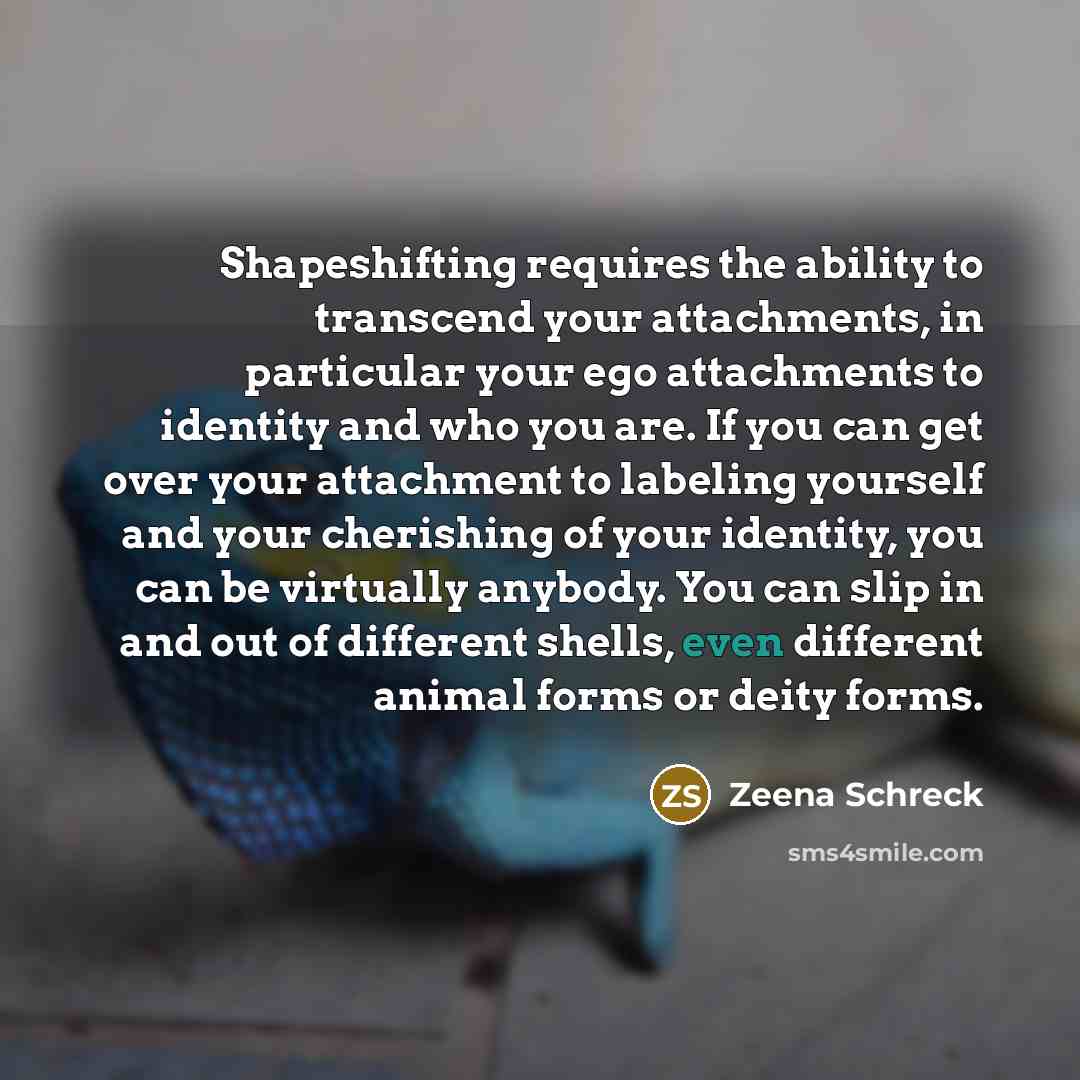 “Shapeshifting requires the ability to transcend your attachments, in particular your ego attachments to identity and who you are. If you can get over your attachment to labeling yourself and your cherishing of your identity, you can be virtually anybody. You can slip in and out of different…” quote by Zeena Schreck
