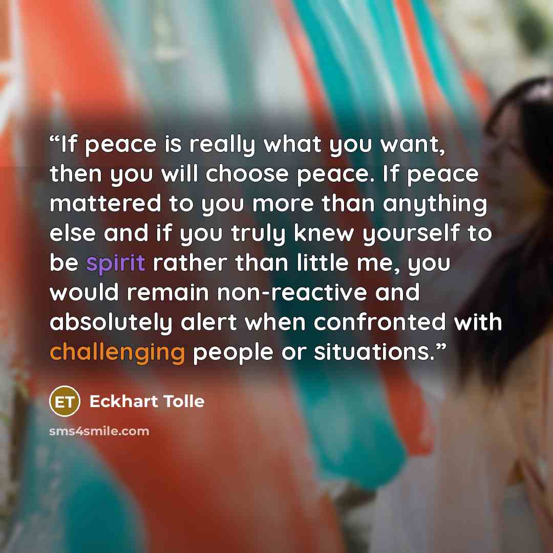 “If peace is really what you want, then you will choose peace. If peace mattered to you more than anything else and if you truly knew yourself to be spirit rather than little me, you would remain non-reactive and absolutely alert when confronted with challenging people or situations.” quote by Eckhart Tolle