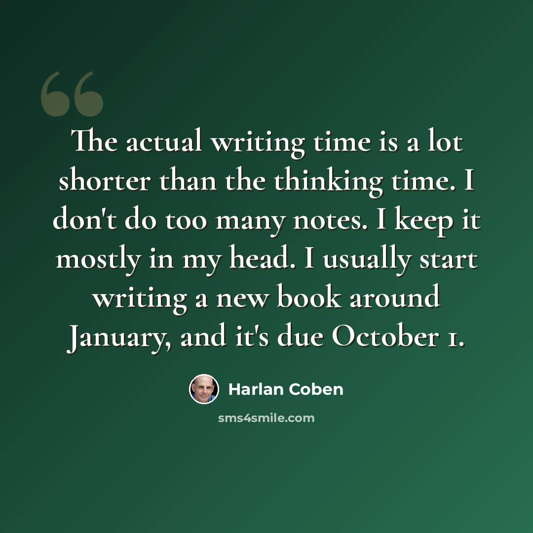 “The actual writing time is a lot shorter than the thinking time. I don't do too many notes. I keep it mostly in my head. I usually start writing a new book around January, and it's due October 1.” quote by Harlan Coben