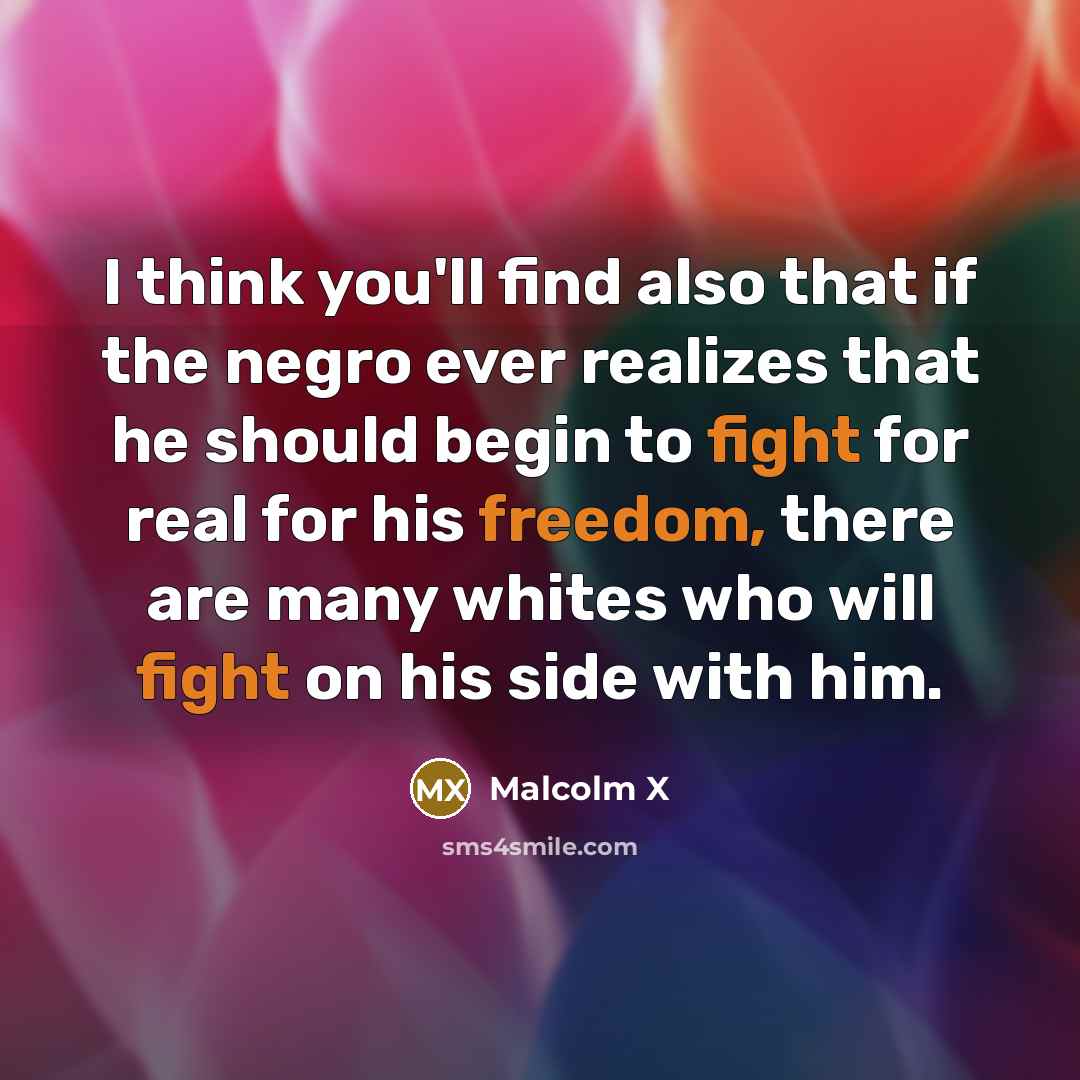 “I think you'll find also that if the negro ever realizes that he should begin to fight for real for his freedom, there are many whites who will fight on his side with him.” quote by Malcolm X