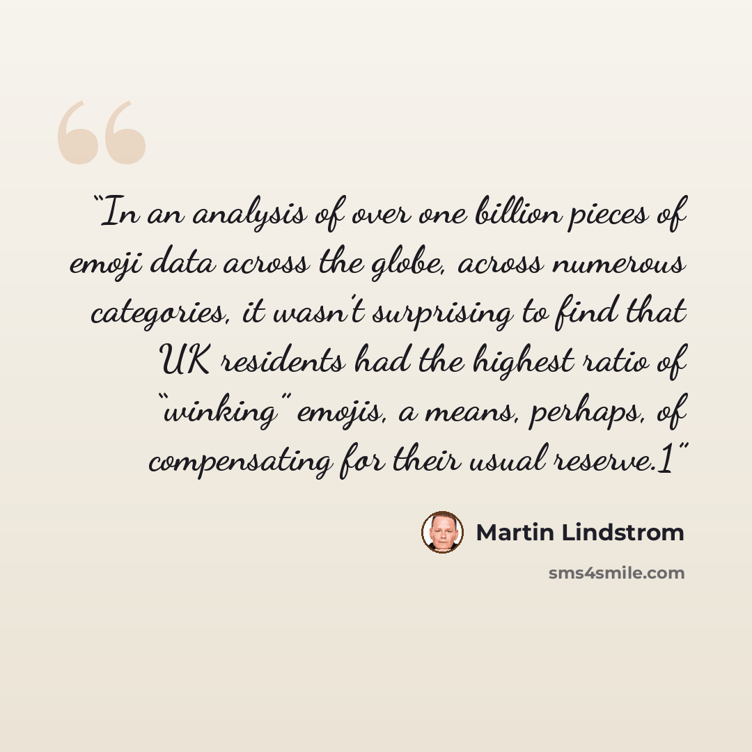 “In an analysis of over one billion pieces of emoji data across the globe, across numerous categories, it wasn’t surprising to find that UK residents had the highest ratio of “winking” emojis, a means, perhaps, of compensating for their usual reserve.1” quote by Martin Lindstrom