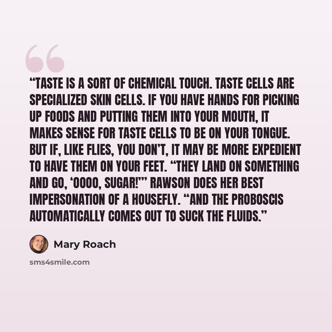“Taste is a sort of chemical touch. Taste cells are specialized skin cells. If you have hands for picking up foods and putting them into your mouth, it makes sense for taste cells to be on your tongue. But if, like flies, you don’t, it may be more expedient to have them on your feet. “They land on…” quote by Mary Roach