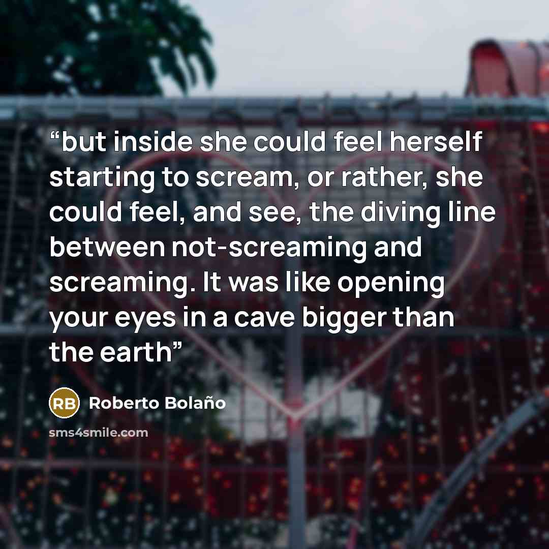 “but inside she could feel herself starting to scream, or rather, she could feel, and see, the diving line between not-screaming and screaming. It was like opening your eyes in a cave bigger than the earth” quote by Roberto Bolaño