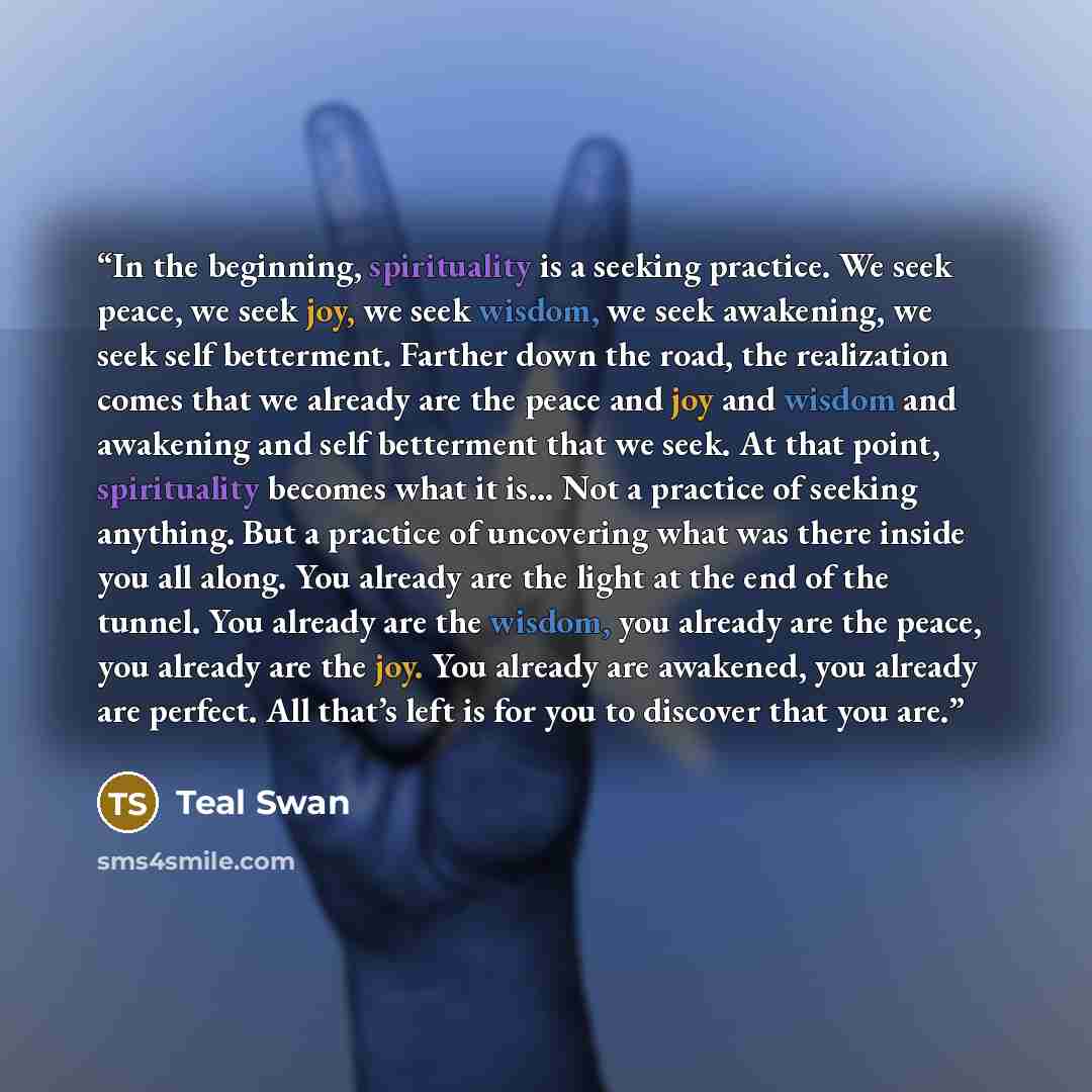 “In the beginning, spirituality is a seeking practice. We seek peace, we seek joy, we seek wisdom, we seek awakening, we seek self betterment. Farther down the road, the realization comes that we already are the peace and joy and wisdom and awakening and self betterment that we seek. At that point…” quote by Teal Swan