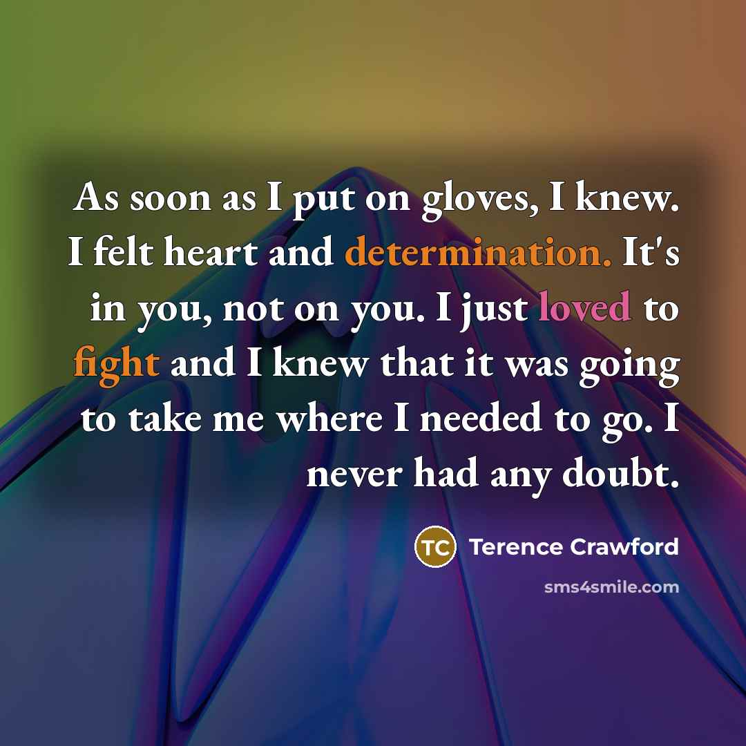 “As soon as I put on gloves, I knew. I felt heart and determination. It's in you, not on you. I just loved to fight and I knew that it was going to take me where I needed to go. I never had any doubt.” quote by Terence Crawford