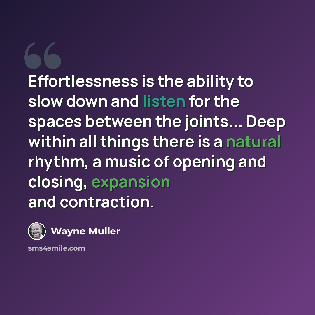“Effortlessness is the ability to slow down and listen for the spaces between the joints... Deep within all things there is a natural rhythm, a music of opening and closing, expansion and contraction.” quote by Wayne Muller