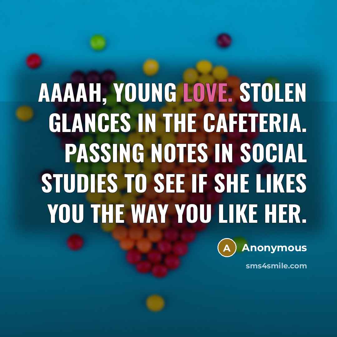 “Aaaah, young love. Stolen glances in the cafeteria. Passing notes in social studies to see if she likes you the way you like her.” quote by Anonymous