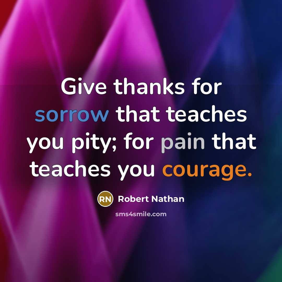 “Give thanks for sorrow that teaches you pity; for pain that teaches you courage.” quote by Robert Nathan