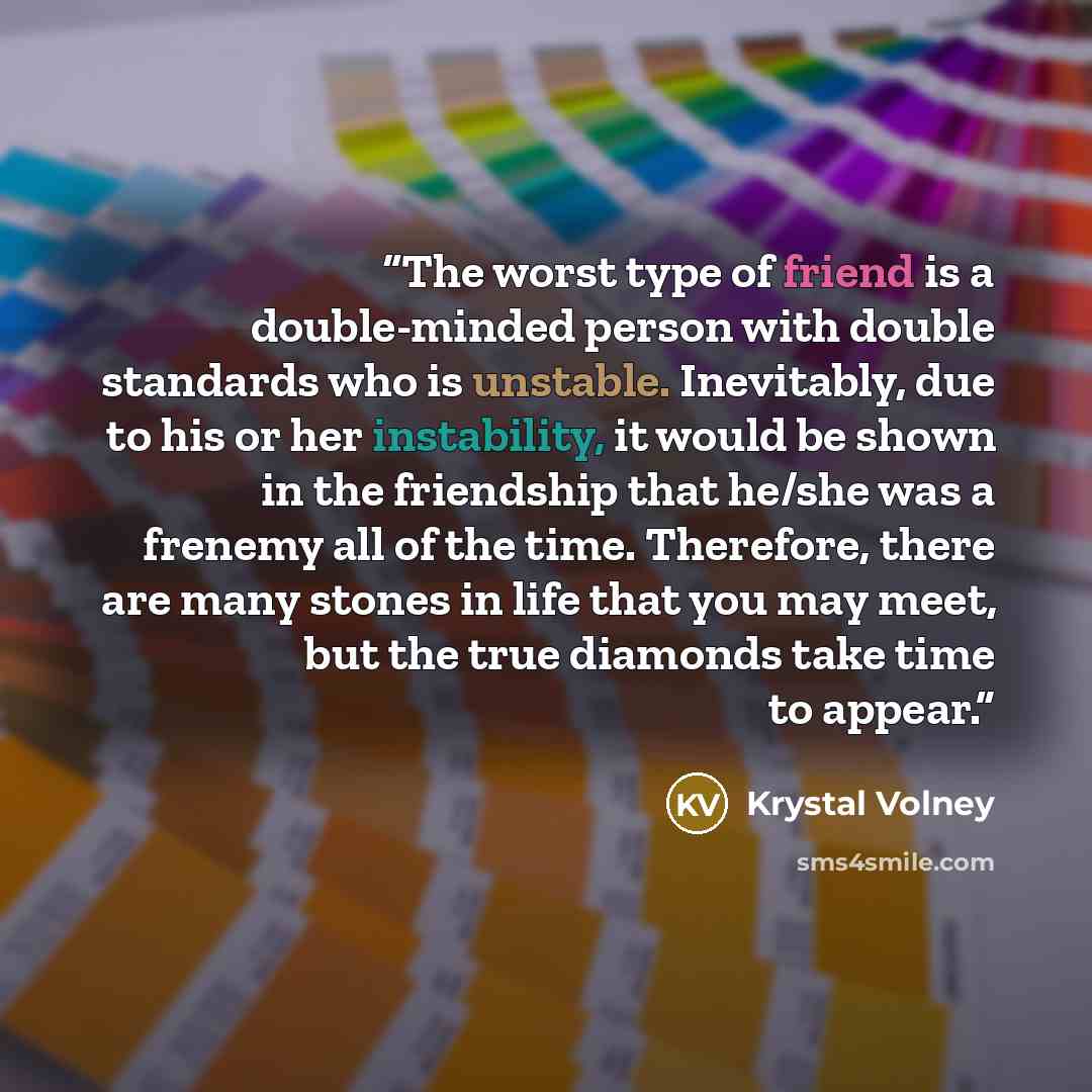 “The worst type of friend is a double-minded person with double standards who is unstable. Inevitably, due to his or her instability, it would be shown in the friendship that he/she was a frenemy all of the time. Therefore, there are many stones in life that you may meet, but the true diamonds take…” quote by Krystal Volney