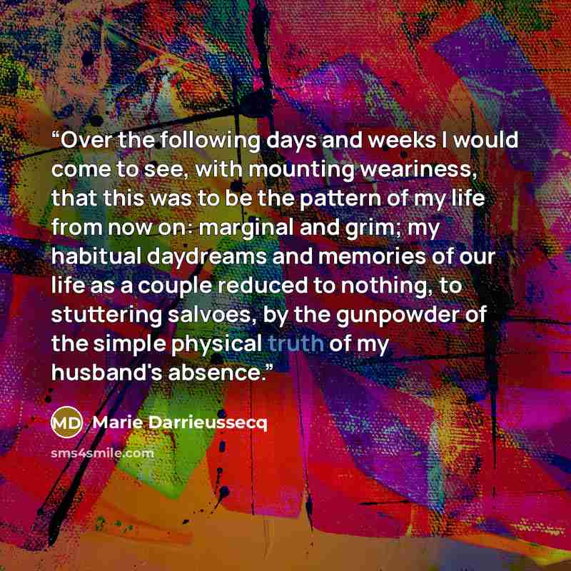 “Over the following days and weeks I would come to see, with mounting weariness, that this was to be the pattern of my life from now on: marginal and grim; my habitual daydreams and memories of our life as a couple reduced to nothing, to stuttering salvoes, by the gunpowder of the simple physical…” quote by Marie Darrieussecq