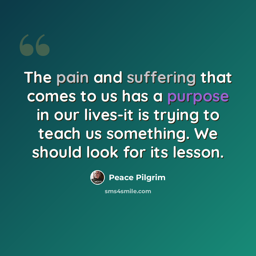 “The pain and suffering that comes to us has a purpose in our lives-it is trying to teach us something. We should look for its lesson.” quote by Peace Pilgrim
