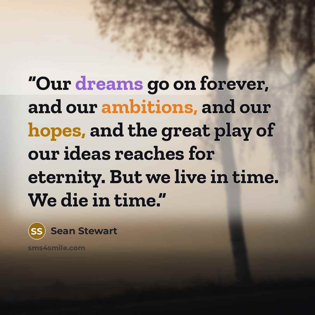 “Our dreams go on forever, and our ambitions, and our hopes, and the great play of our ideas reaches for eternity. But we live in time. We die in time.” quote by Sean Stewart