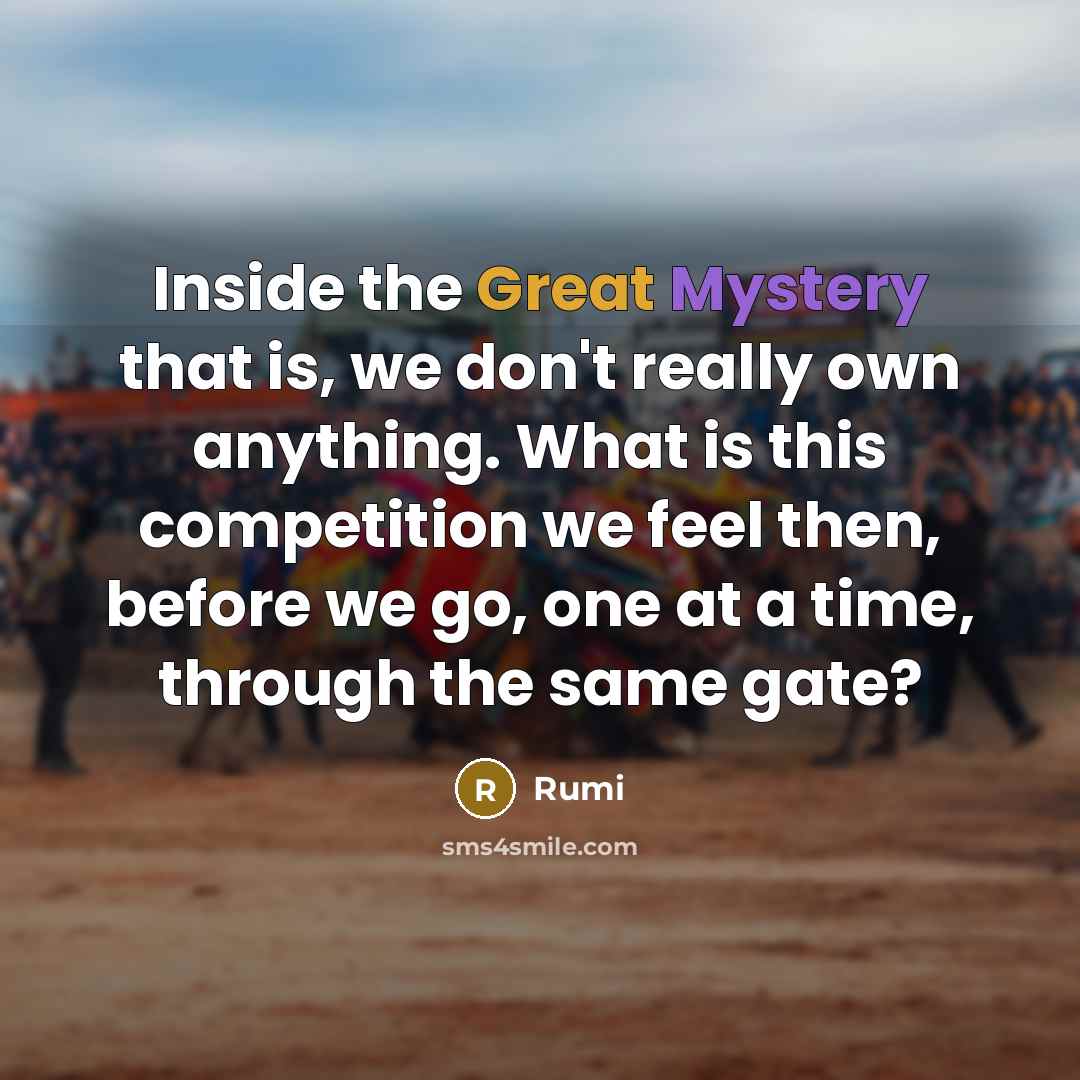 “Inside the Great Mystery that is, we don't really own anything. What is this competition we feel then, before we go, one at a time, through the same gate?” quote by Rumi
