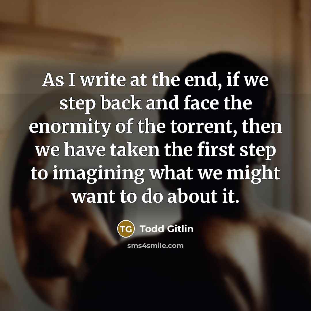 “As I write at the end, if we step back and face the enormity of the torrent, then we have taken the first step to imagining what we might want to do about it.” quote by Todd Gitlin