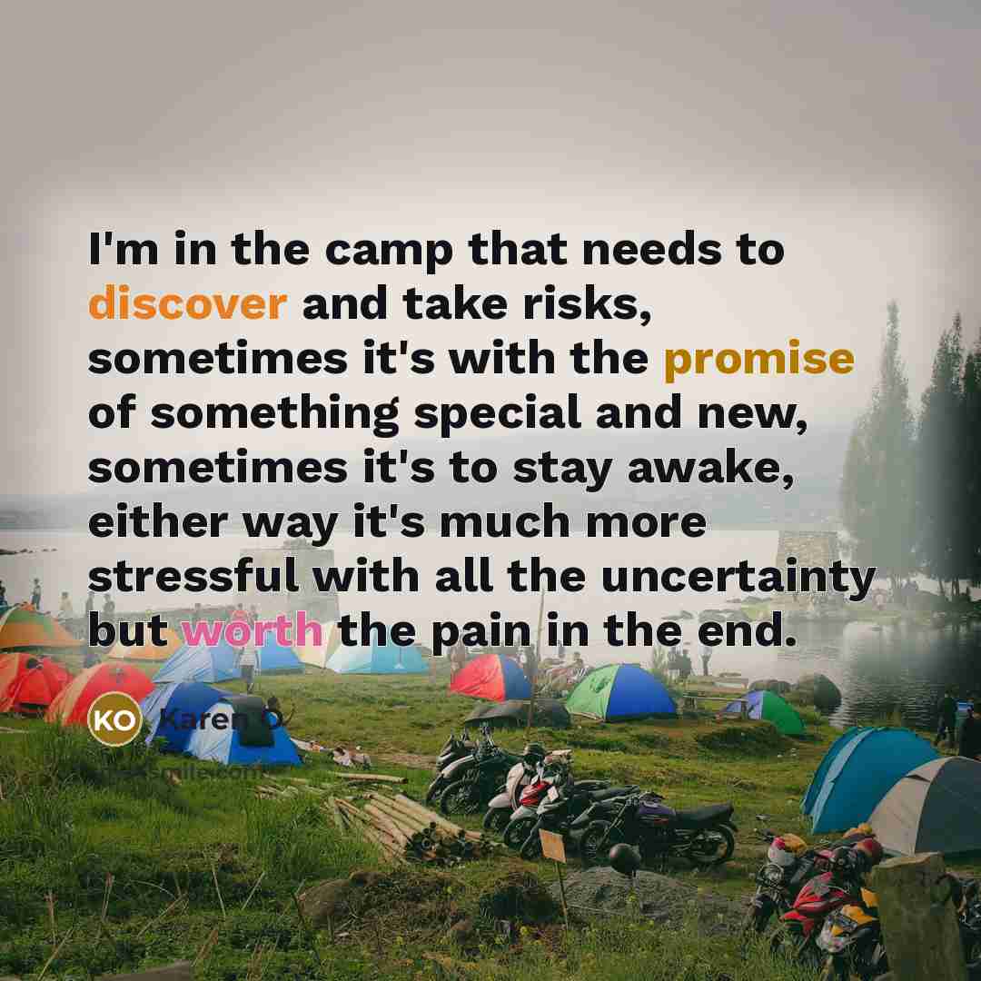 “I'm in the camp that needs to discover and take risks, sometimes it's with the promise of something special and new, sometimes it's to stay awake, either way it's much more stressful with all the uncertainty but worth the pain in the end.” quote by Karen O