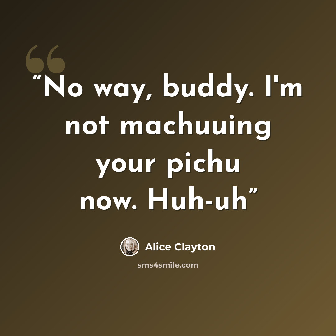 “No way, buddy. I'm not machuuing your pichu now. Huh-uh” quote by Alice Clayton