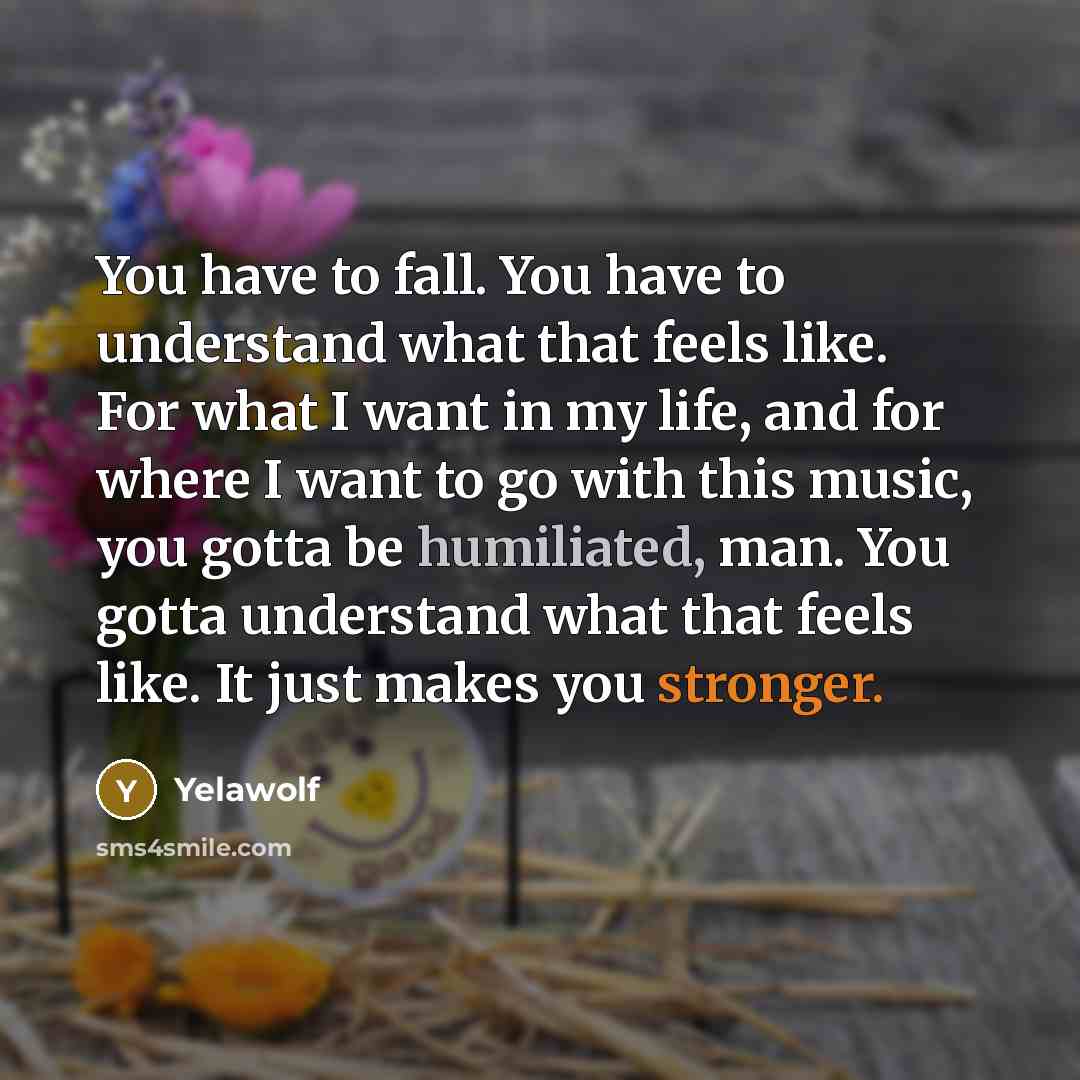 “You have to fall. You have to understand what that feels like. For what I want in my life, and for where I want to go with this music, you gotta be humiliated, man. You gotta understand what that feels like. It just makes you stronger.” quote by Yelawolf