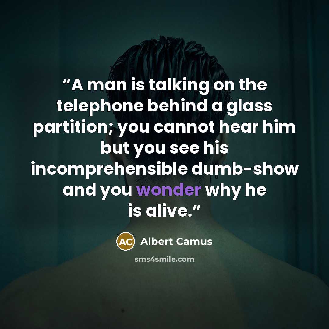 “A man is talking on the telephone behind a glass partition; you cannot hear him but you see his incomprehensible dumb-show and you wonder why he is alive.” quote by Albert Camus