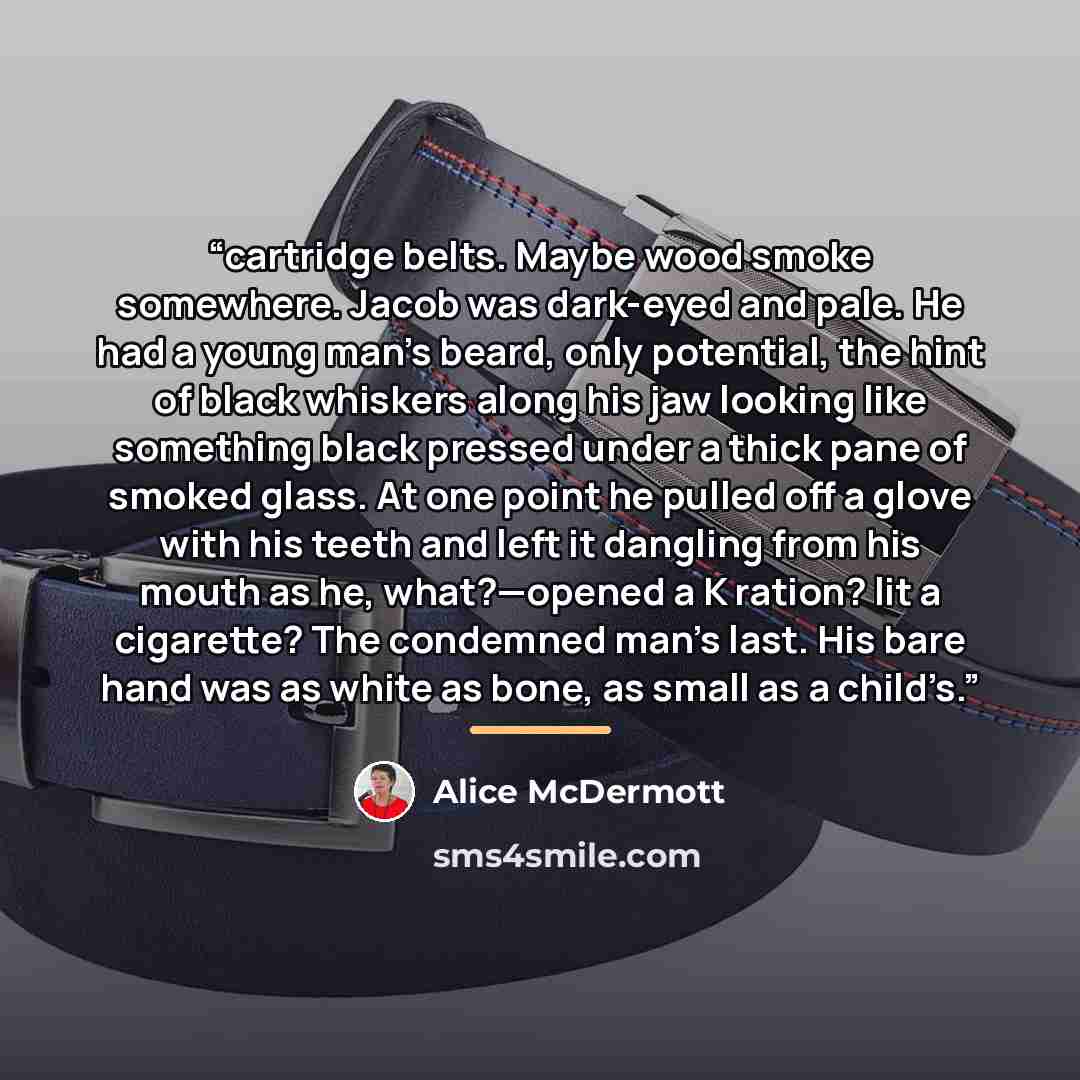 “cartridge belts. Maybe wood smoke somewhere. Jacob was dark-eyed and pale. He had a young man’s beard, only potential, the hint of black whiskers along his jaw looking like something black pressed under a thick pane of smoked glass. At one point he pulled off a glove with his teeth and left it…” quote by Alice McDermott