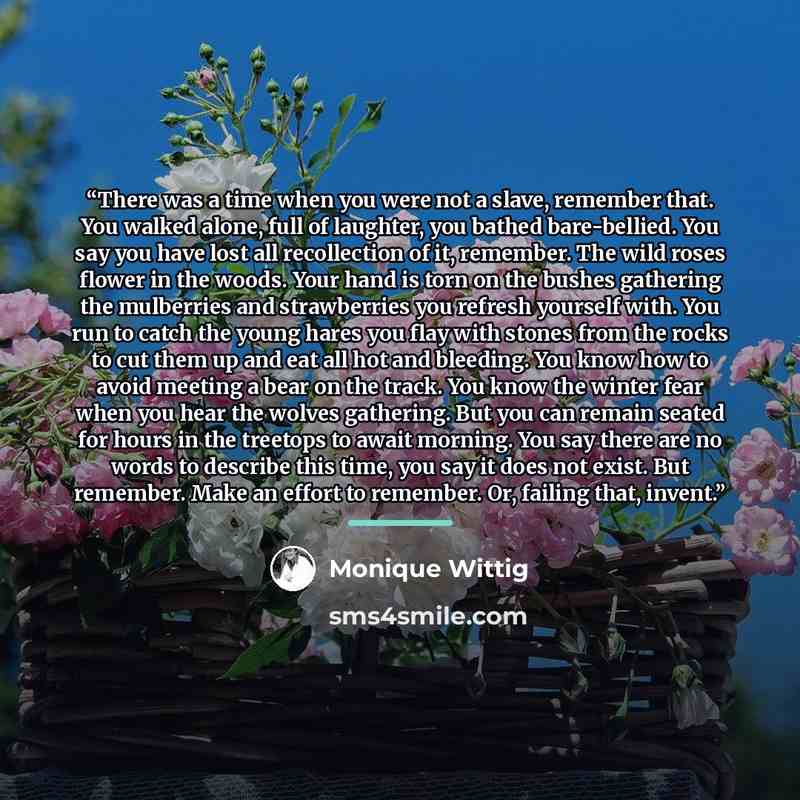 “There was a time when you were not a slave, remember that. You walked alone, full of laughter, you bathed bare-bellied. You say you have lost all recollection of it, remember. The wild roses flower in the woods. Your hand is torn on the bushes gathering the mulberries and strawberries you refresh…” quote by Monique Wittig
