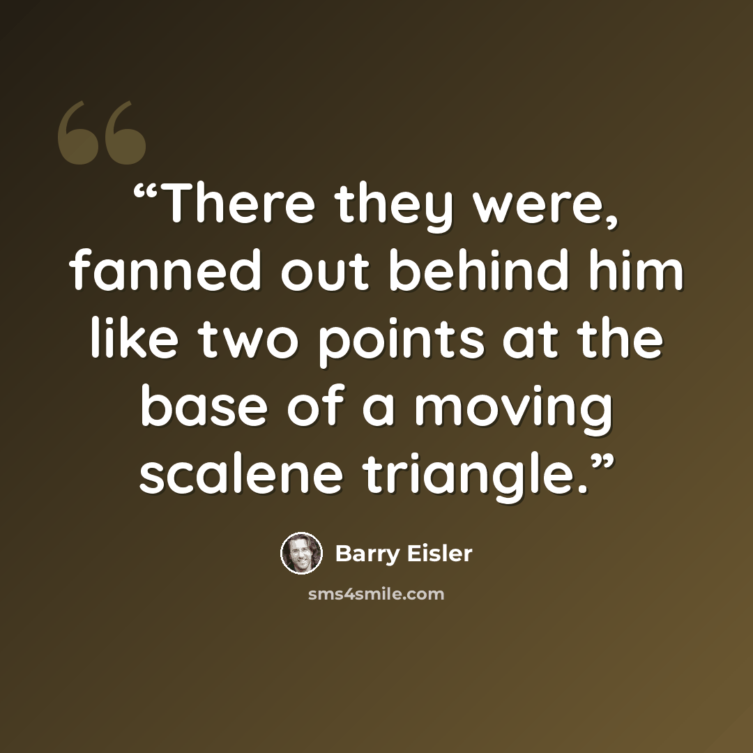 “There they were, fanned out behind him like two points at the base of a moving scalene triangle.” quote by Barry Eisler