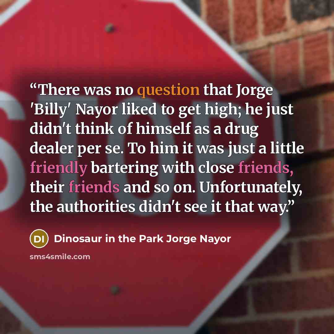 “There was no question that Jorge 'Billy' Nayor liked to get high; he just didn't think of himself as a drug dealer per se. To him it was just a little friendly bartering with close friends, their friends and so on. Unfortunately, the authorities didn't see it that way.” quote by Dinosaur in the Park Jorge Nayor