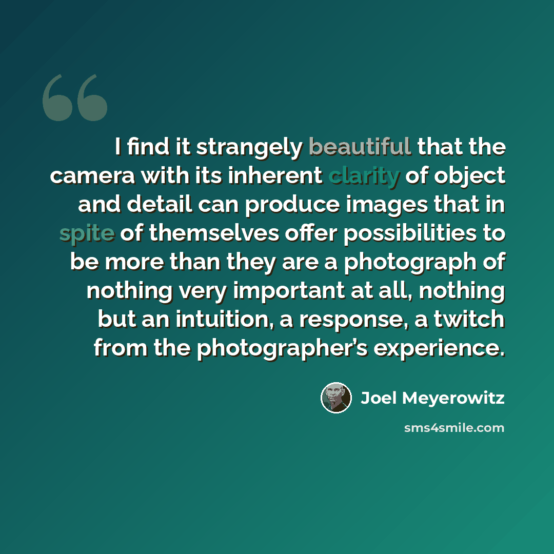 “I find it strangely beautiful that the camera with its inherent clarity of object and detail can produce images that in spite of themselves offer possibilities to be more than they are a photograph of nothing very important at all, nothing but an intuition, a response, a twitch from the…” quote by Joel Meyerowitz
