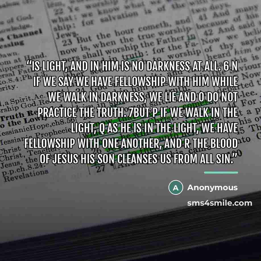 “is light, and in him is no darkness at all. 6 n If we say we have fellowship with him while we walk in darkness, we lie and o do not practice the truth. 7But p if we walk in the light, q as he is in the light, we have fellowship with one another, and r the blood of Jesus his Son cleanses us from…” quote by Anonymous