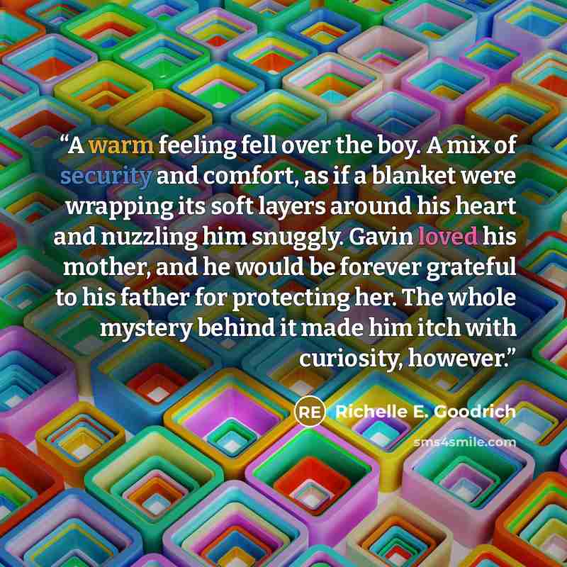 “A warm feeling fell over the boy. A mix of security and comfort, as if a blanket were wrapping its soft layers around his heart and nuzzling him snuggly. Gavin loved his mother, and he would be forever grateful to his father for protecting her. The whole mystery behind it made him itch with…” quote by Richelle E. Goodrich