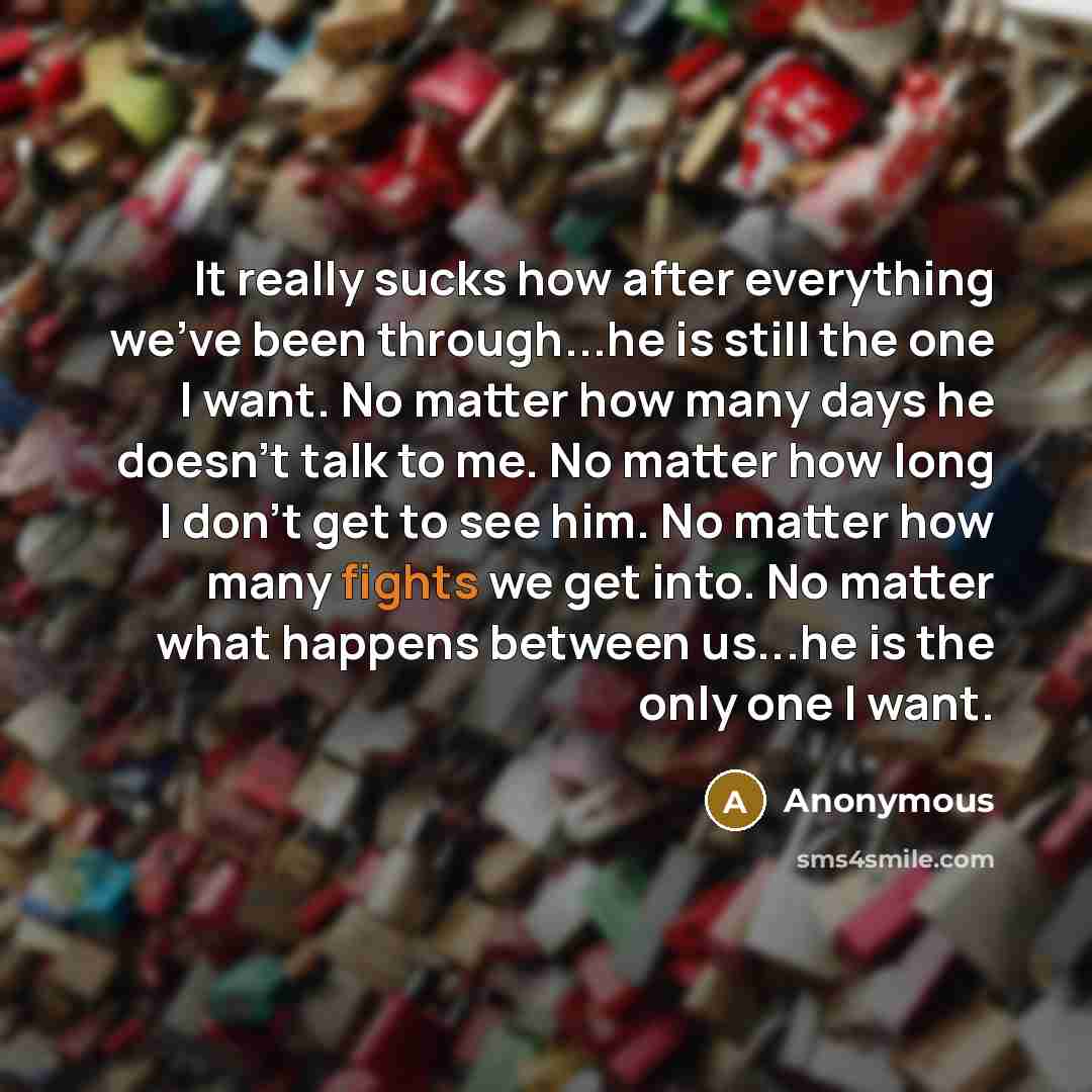 “It really sucks how after everything we've been through...he is still the one I want. No matter how many days he doesn't talk to me. No matter how long I don't get to see him. No matter how many fights we get into. No matter what happens between us...he is the only one I want.” quote by Anonymous