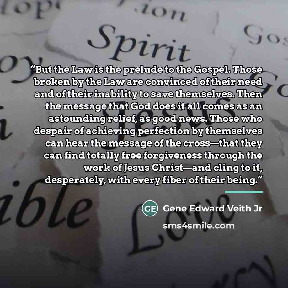 “But the Law is the prelude to the Gospel. Those broken by the Law are convinced of their need and of their inability to save themselves. Then the message that God does it all comes as an astounding relief, as good news. Those who despair of achieving perfection by themselves can hear the message…” quote by Gene Edward Veith Jr