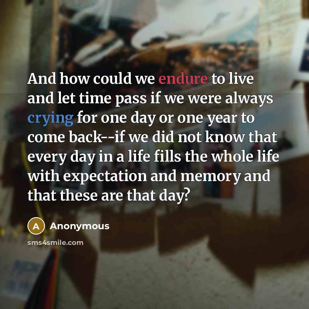 “And how could we endure to live and let time pass if we were always crying for one day or one year to come back--if we did not know that every day in a life fills the whole life with expectation and memory and that these are that day?” quote by Anonymous