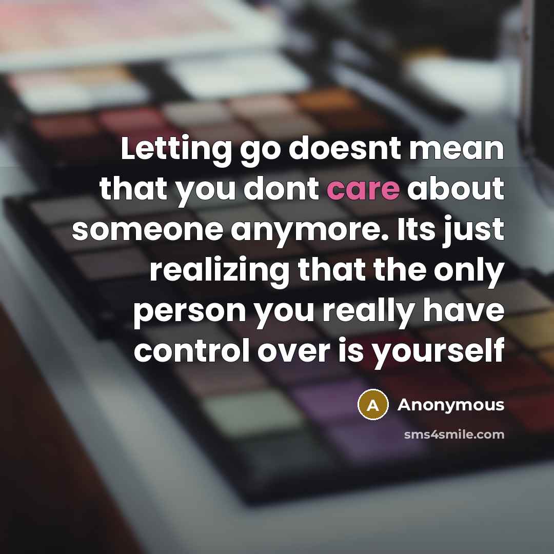 “Letting go doesnt mean that you dont care about someone anymore. Its just realizing that the only person you really have control over is yourself” quote by Anonymous
