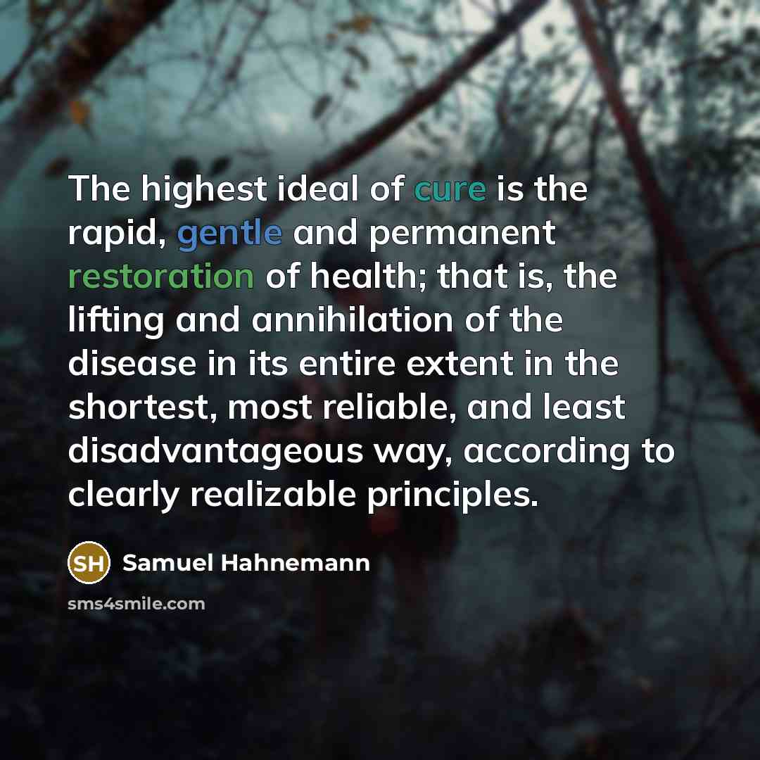 “The highest ideal of cure is the rapid, gentle and permanent restoration of health; that is, the lifting and annihilation of the disease in its entire extent in the shortest, most reliable, and least disadvantageous way, according to clearly realizable principles.” quote by Samuel Hahnemann