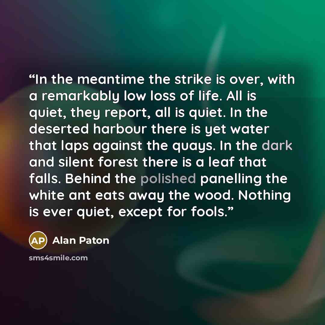 “In the meantime the strike is over, with a remarkably low loss of life. All is quiet, they report, all is quiet. In the deserted harbour there is yet water that laps against the quays. In the dark and silent forest there is a leaf that falls. Behind the polished panelling the white ant eats away…” quote by Alan Paton