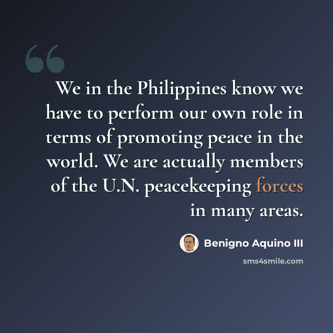 “We in the Philippines know we have to perform our own role in terms of promoting peace in the world. We are actually members of the U.N. peacekeeping forces in many areas.” quote by Benigno Aquino III