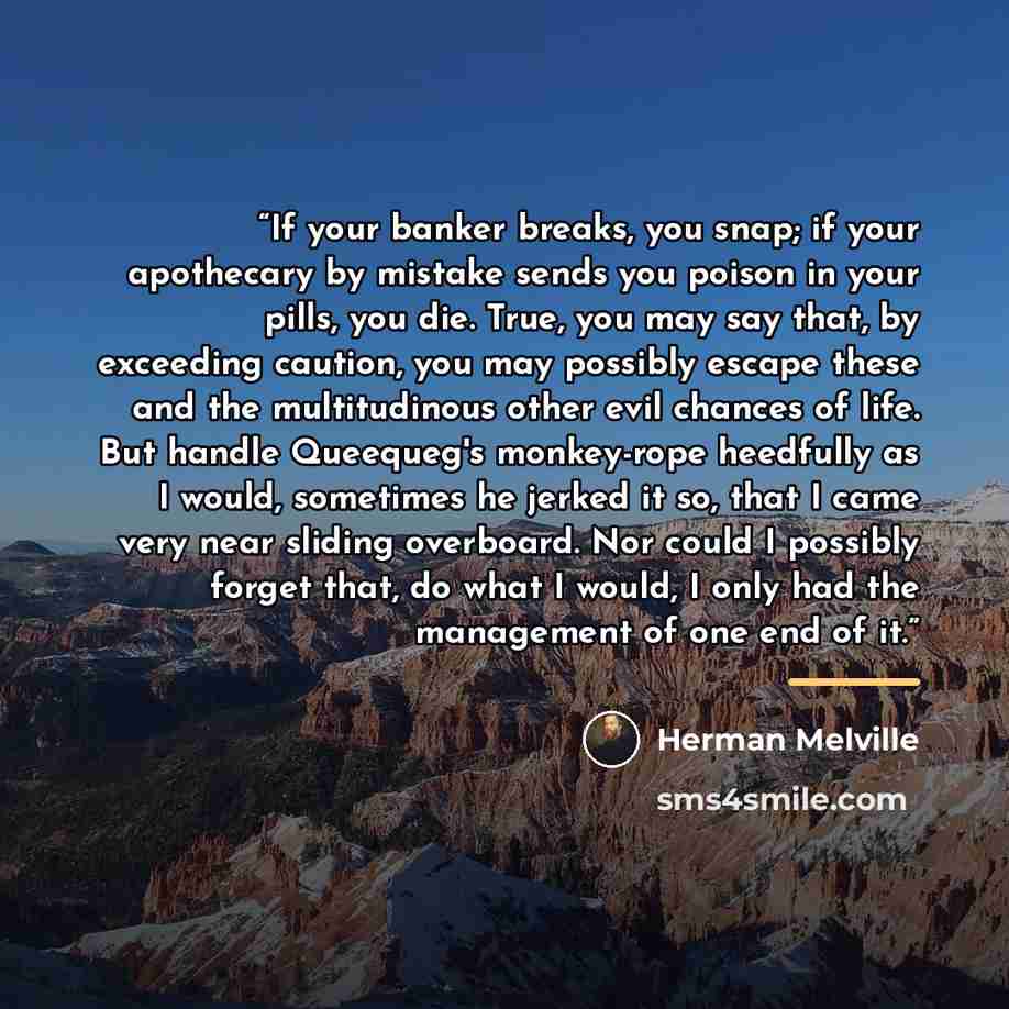 “If your banker breaks, you snap; if your apothecary by mistake sends you poison in your pills, you die. True, you may say that, by exceeding caution, you may possibly escape these and the multitudinous other evil chances of life. But handle Queequeg's monkey-rope heedfully as I would, sometimes he…” quote by Herman Melville