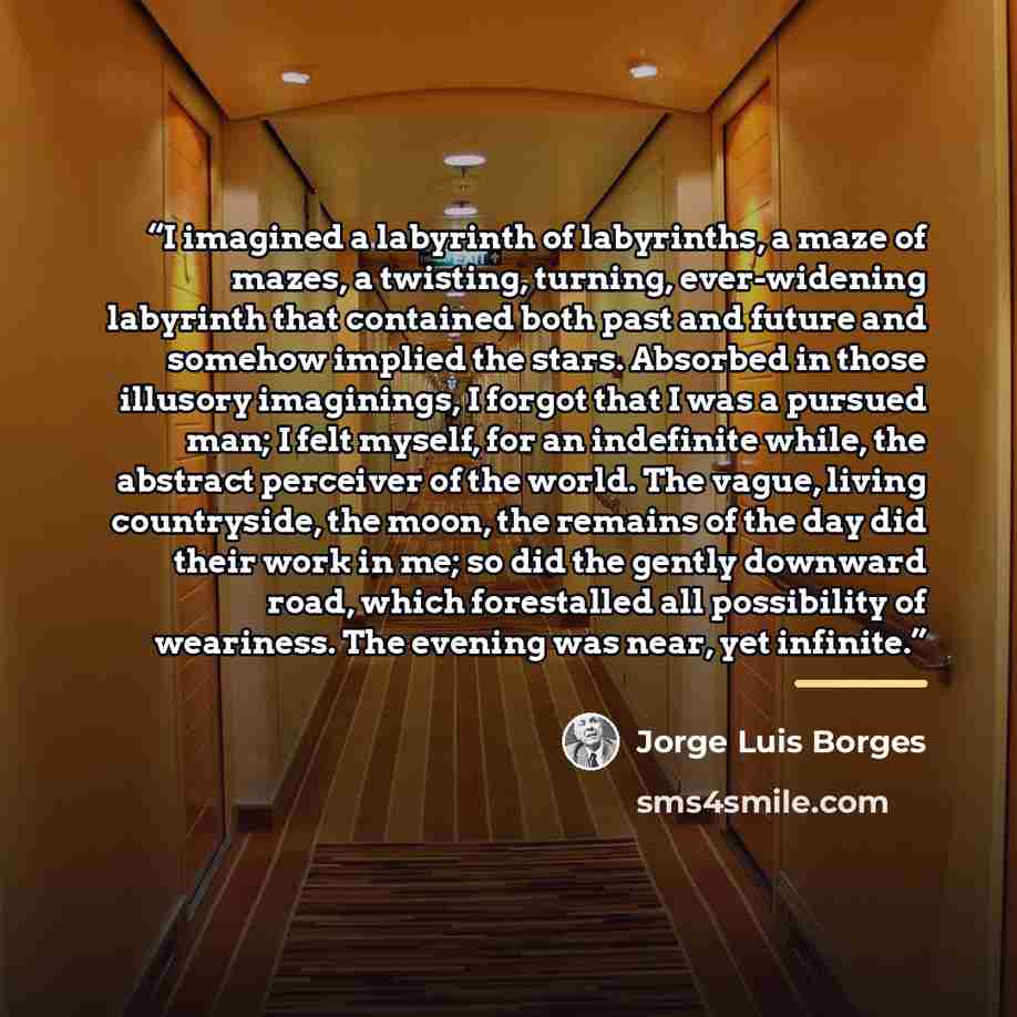 “I imagined a labyrinth of labyrinths, a maze of mazes, a twisting, turning, ever-widening labyrinth that contained both past and future and somehow implied the stars. Absorbed in those illusory imaginings, I forgot that I was a pursued man; I felt myself, for an indefinite while, the abstract…” quote by Jorge Luis Borges
