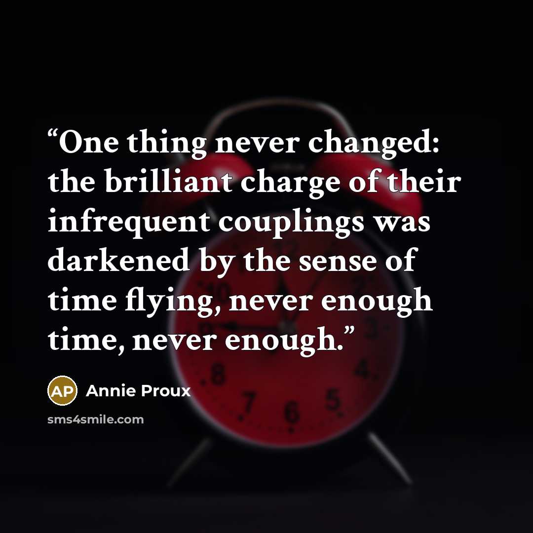 “One thing never changed: the brilliant charge of their infrequent couplings was darkened by the sense of time flying, never enough time, never enough.” quote by Annie Proux