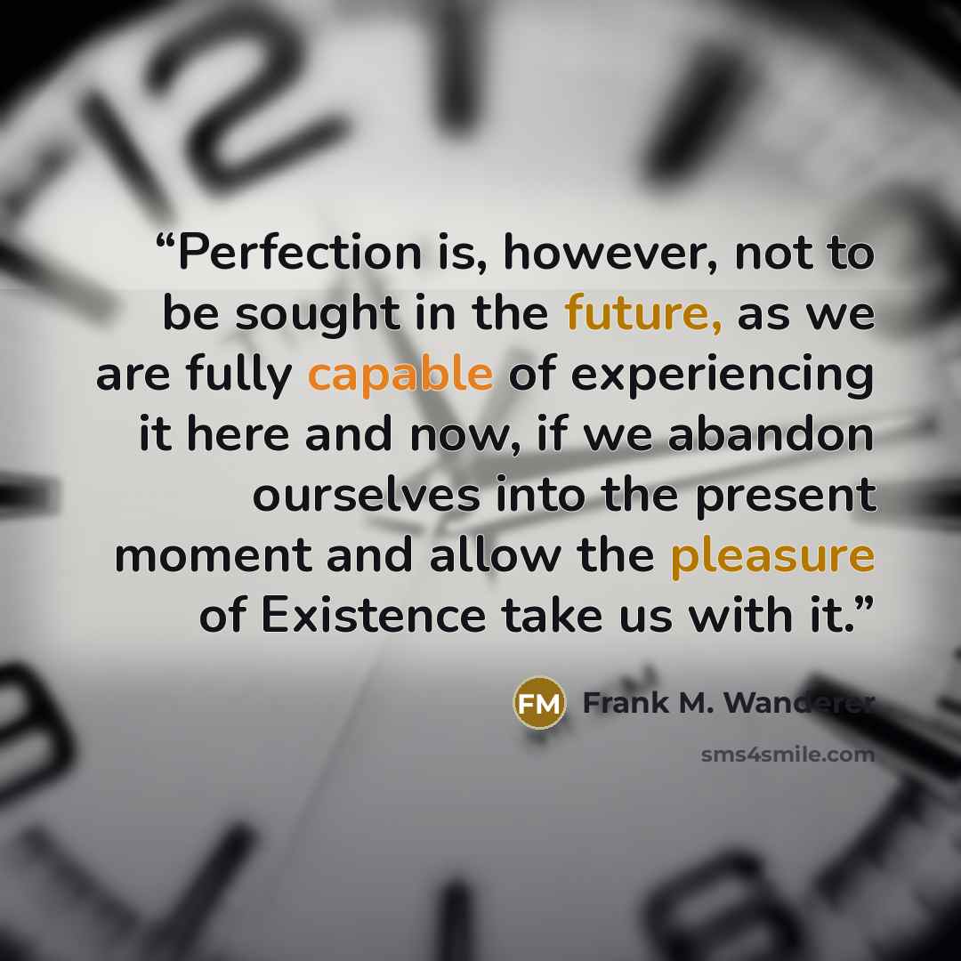 “Perfection is, however, not to be sought in the future, as we are fully capable of experiencing it here and now, if we abandon ourselves into the present moment and allow the pleasure of Existence take us with it.” quote by Frank M. Wanderer
