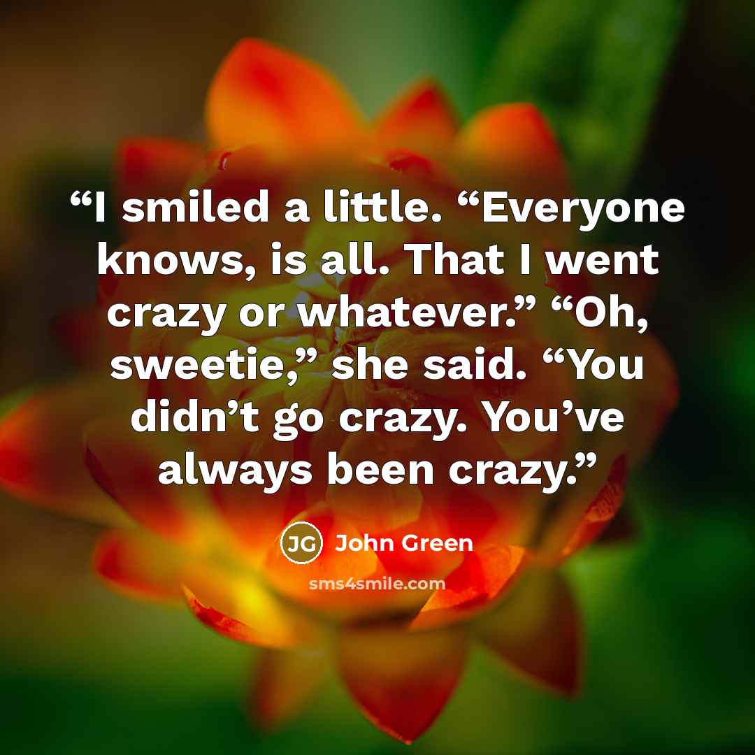 “I smiled a little. “Everyone knows, is all. That I went crazy or whatever.” “Oh, sweetie,” she said. “You didn’t go crazy. You’ve always been crazy.” quote by John Green