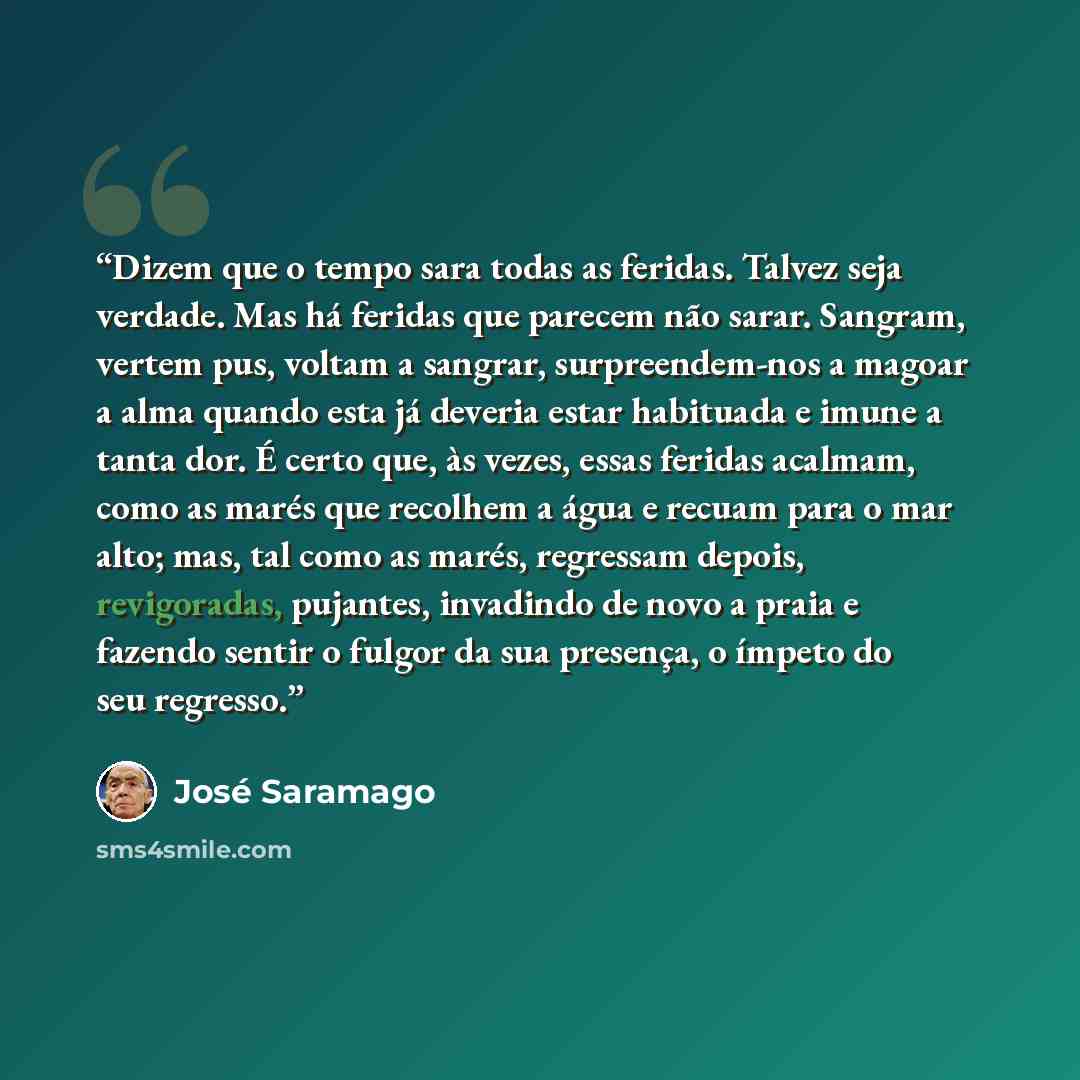 “Dizem que o tempo sara todas as feridas. Talvez seja verdade. Mas há feridas que parecem não sarar. Sangram, vertem pus, voltam a sangrar, surpreendem-nos a magoar a alma quando esta já deveria estar habituada e imune a tanta dor. É certo que, às vezes, essas feridas acalmam, como as marés que…” quote by José Saramago