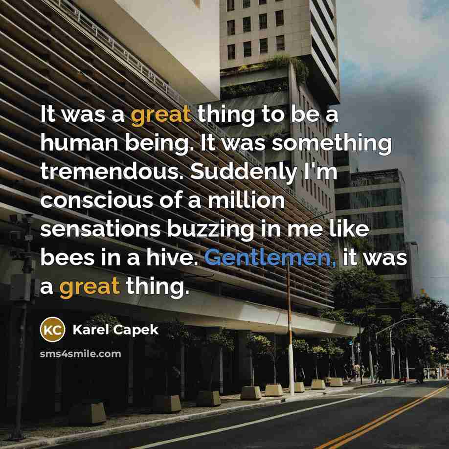 “It was a great thing to be a human being. It was something tremendous. Suddenly I'm conscious of a million sensations buzzing in me like bees in a hive. Gentlemen, it was a great thing.” quote by Karel Capek